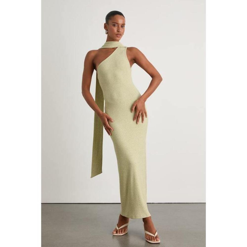 Lulus Venna Heathered Sage One-shoulder Scarf Maxi Dress Green - Size XS